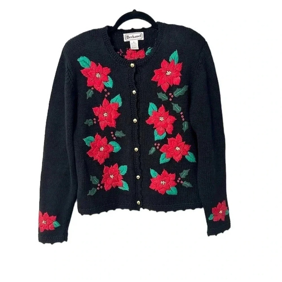 Bechamel Women's Vintage Black Embroidered Poinsettia Button Up Sweater Sz M GUC - Picture 1 of 8